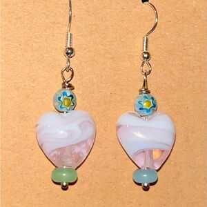 Artisan Handcrafted Lampworked Heart-Shaped Glass Earrings with Floral Accents